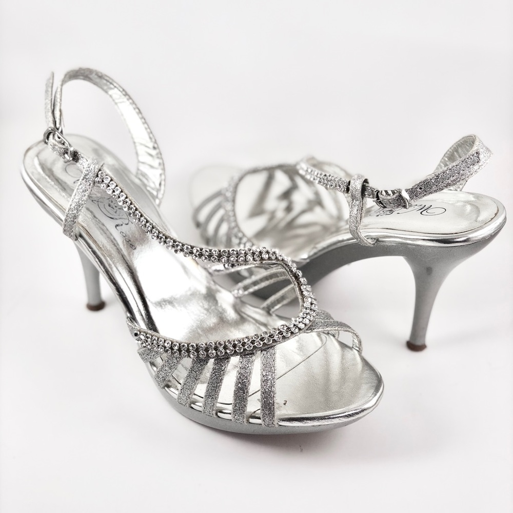 Metallic Open toe Rhinestone Ankle Strap Heel